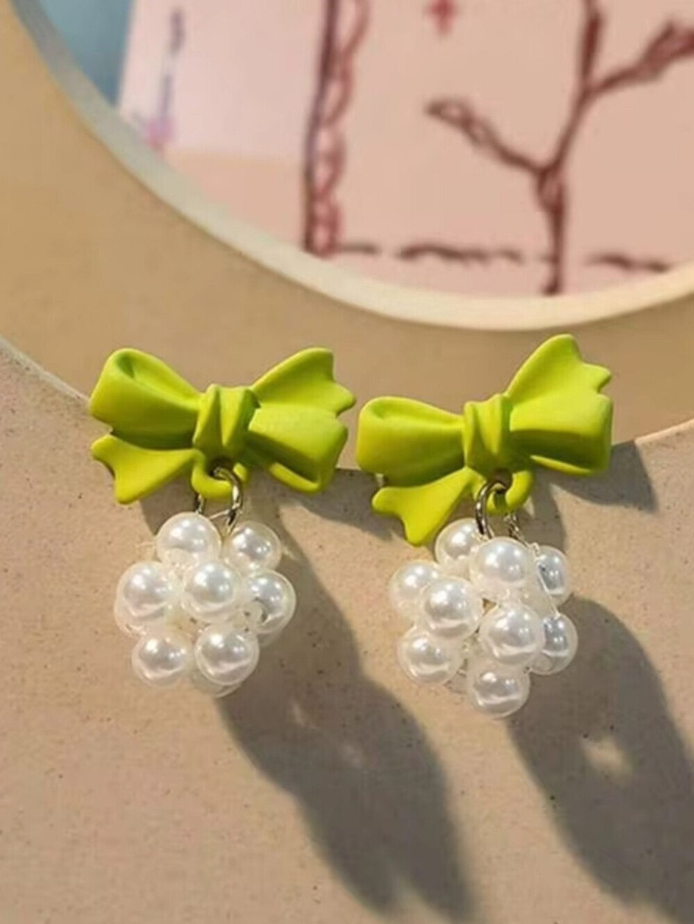 New! Green Bow Faux Pearl Drop Earrings